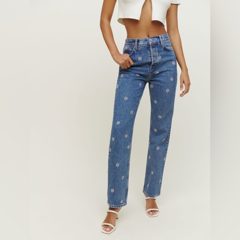 Reformation Cynthia Chamomile High Rise Embroidered Flower Straight Jeans